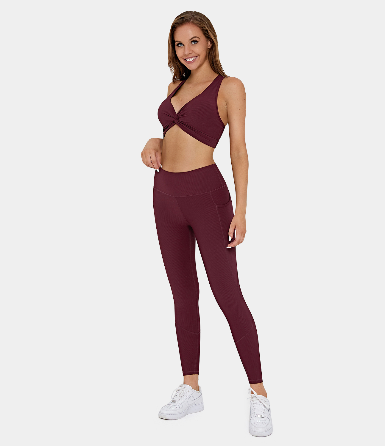 Halara Medium Support Ribbed Twisted Backless Crisscross Workout Sports Bra  - Wine Red - L push up bra strapless bra backless bra sticky bra 
