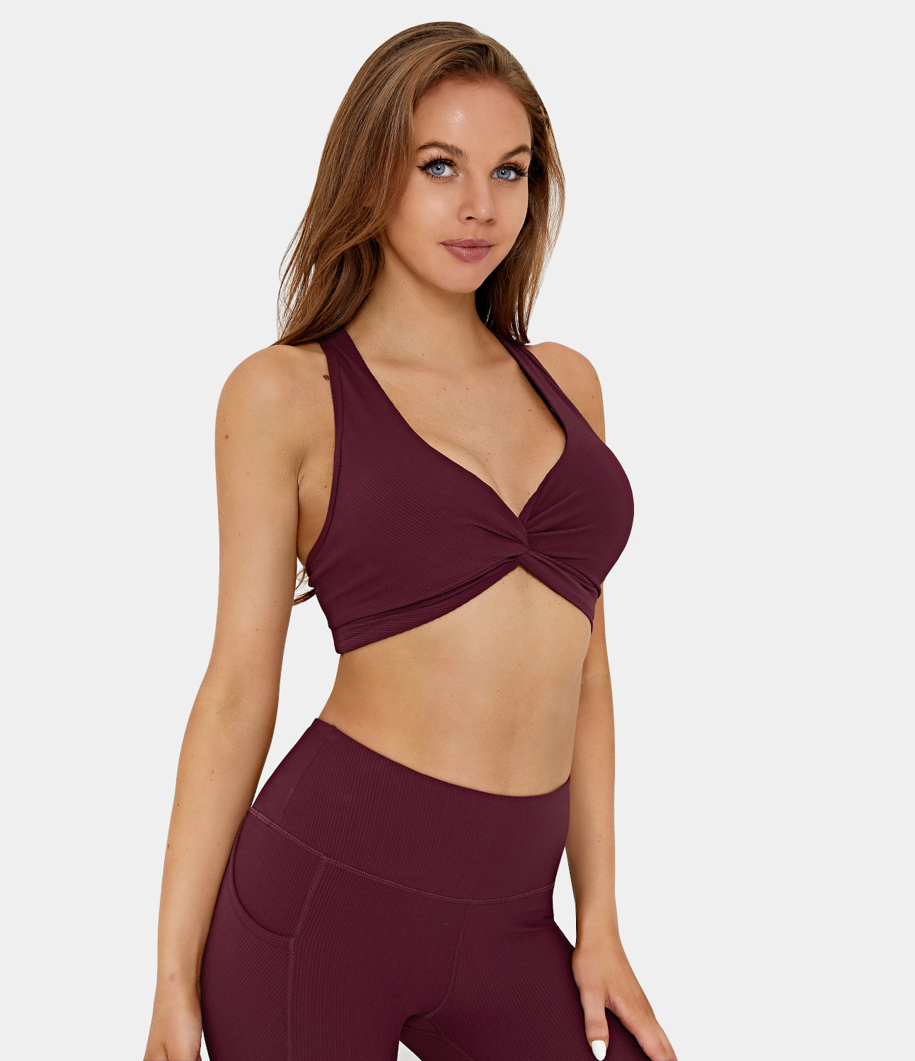 Halara Medium Support Ribbed Twisted Backless Crisscross Workout Sports Bra  - Wine Red - L push up bra strapless bra backless bra sticky bra 