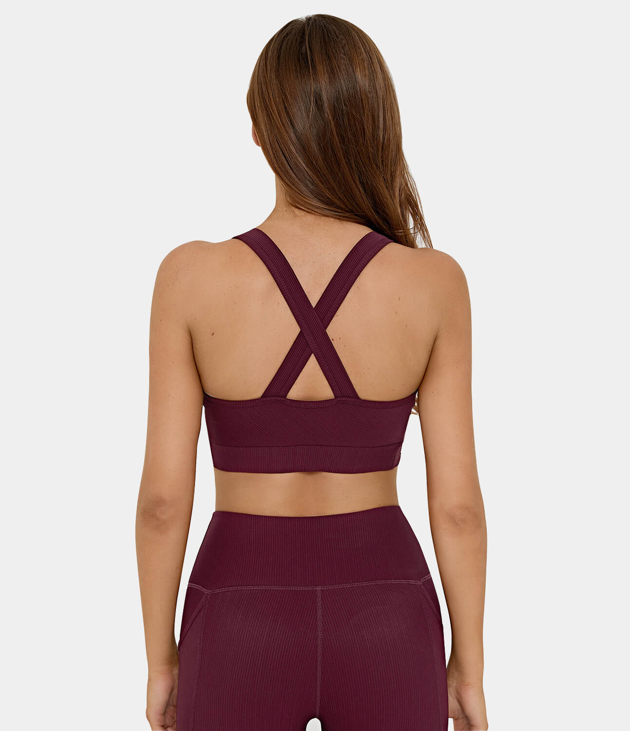 Halara Medium Support Ribbed Twisted Backless Crisscross Workout Sports Bra  - Wine Red - L push up bra strapless bra backless bra sticky bra 