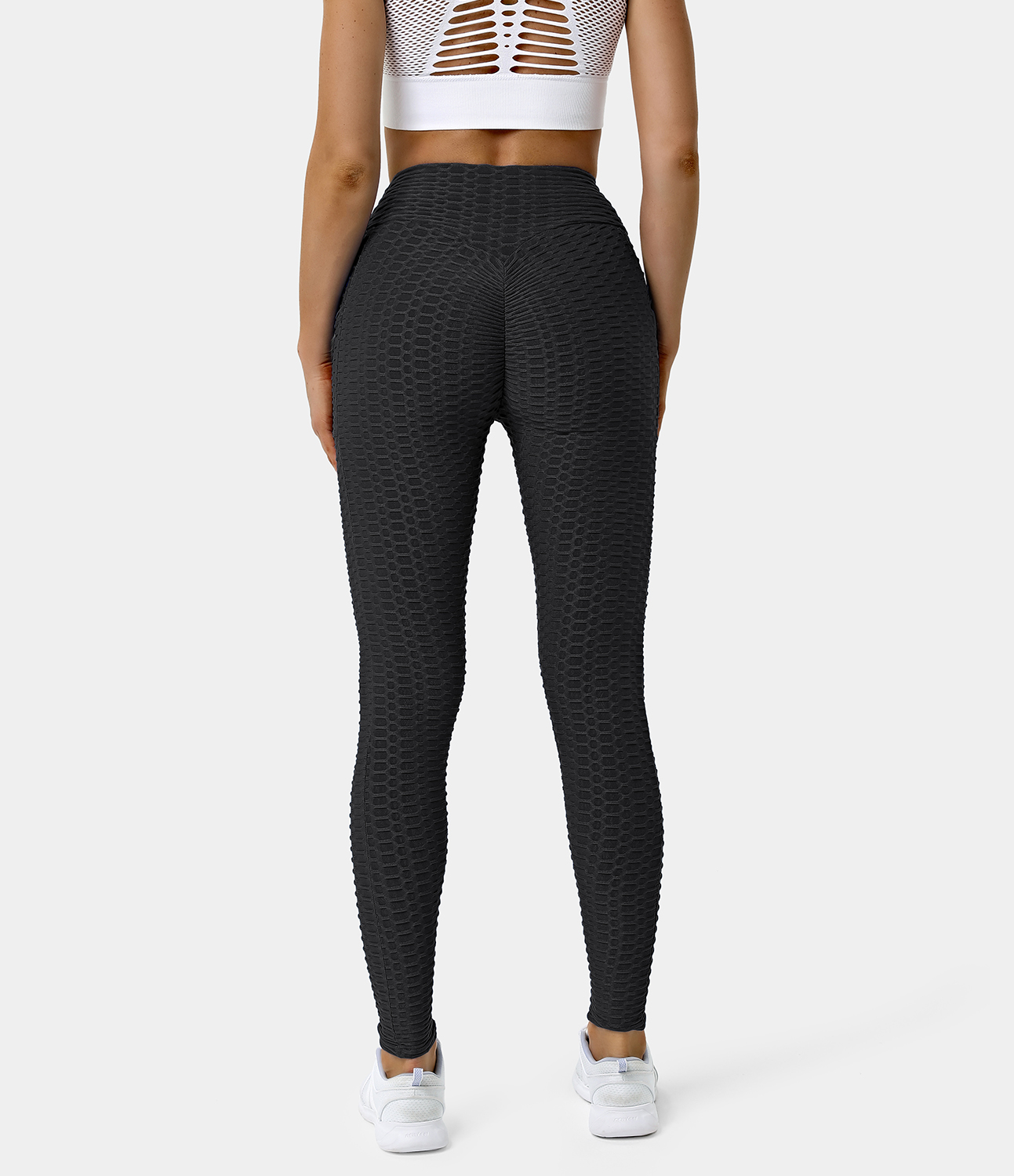 Halara In My Feels High Waisted Ruched Honeycomb Casual 7/8 Leggings  - Black - XS gym leggings leggings with pockets leggings with butt lift 