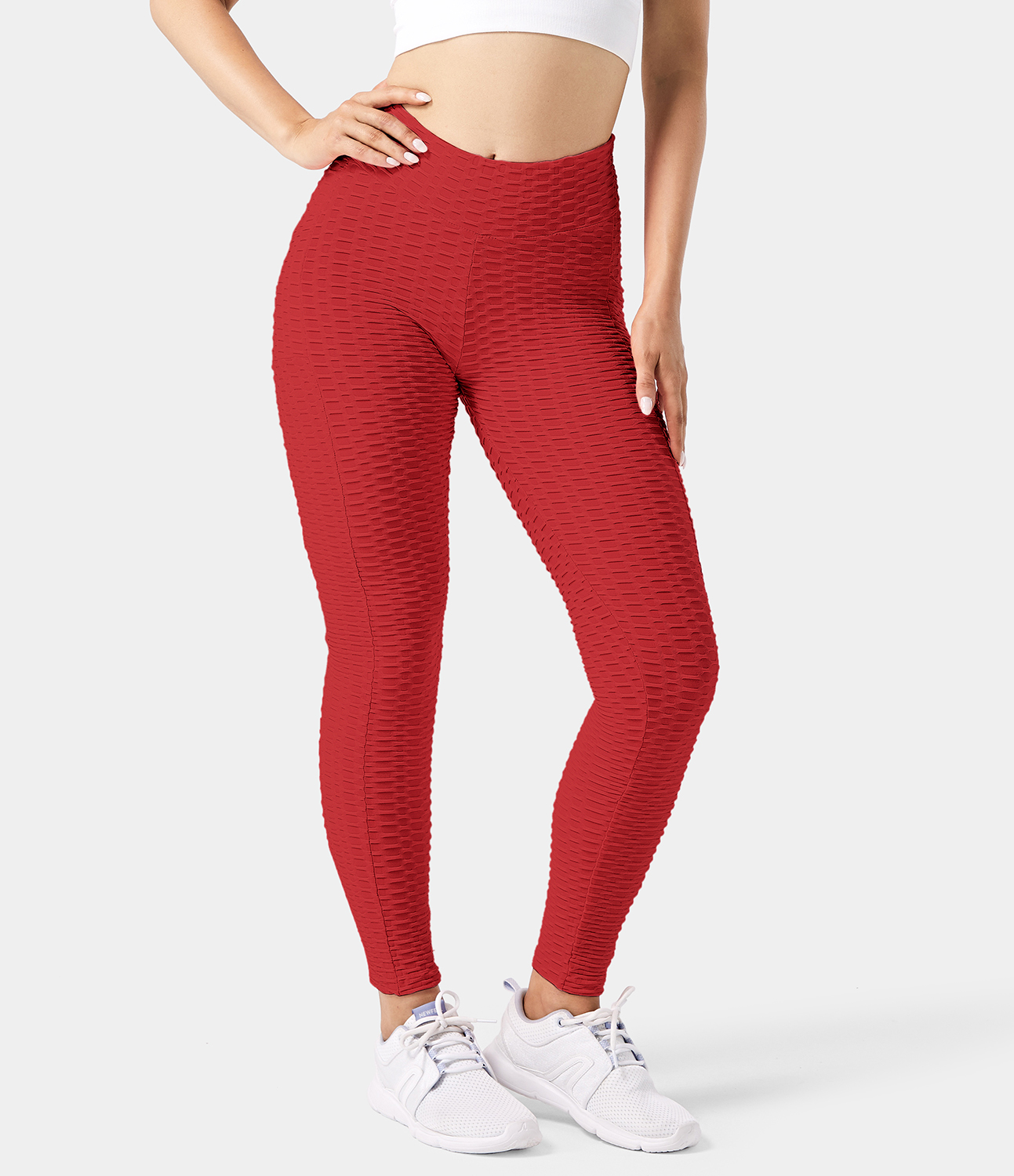 Halara In My Feels High Waisted Ruched Honeycomb Casual 7/8 Leggings  - Vermillion - M gym leggings leggings with pockets 