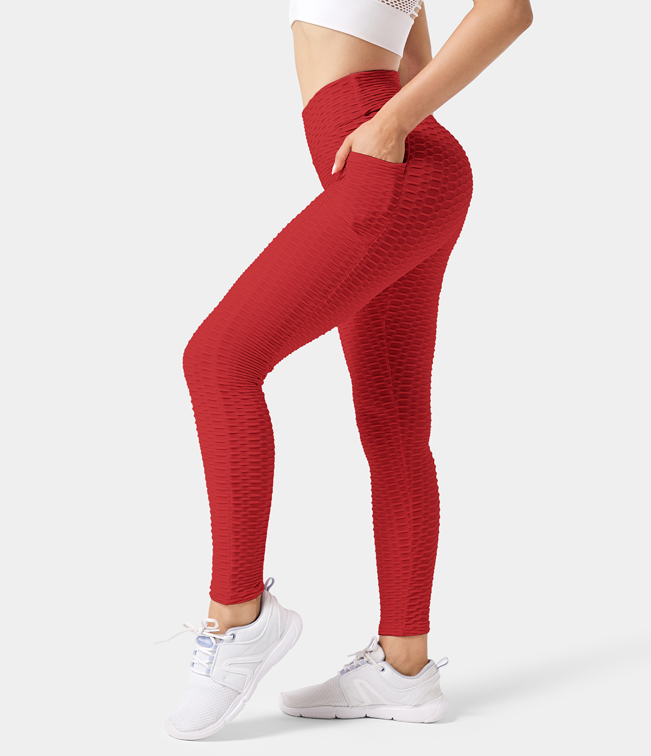 Halara In My Feels High Waisted Ruched Honeycomb Casual 7/8 Leggings  - Vermillion - M gym leggings leggings with pockets 