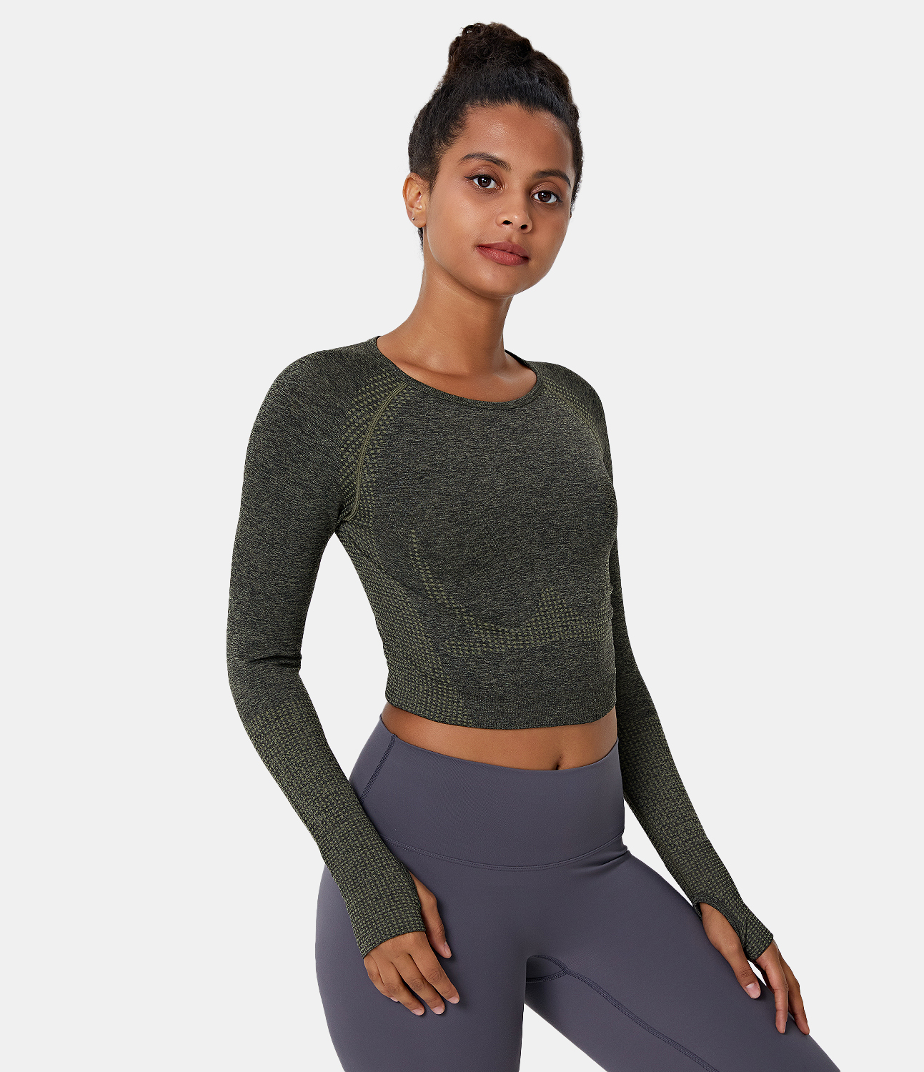 Halara Seamless Flow Breathable Thumb Hole Cropped Sports Top  - Midnight Green - XL 