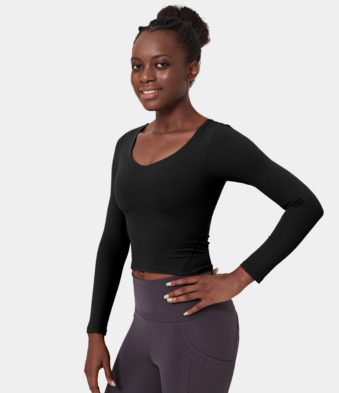 Halara Scoop Neck Long Sleeve Sports Top  - Black - M 