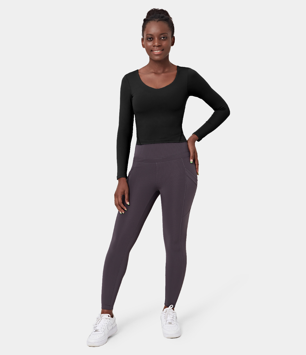 Halara Scoop Neck Long Sleeve Sports Top  - Black - M 