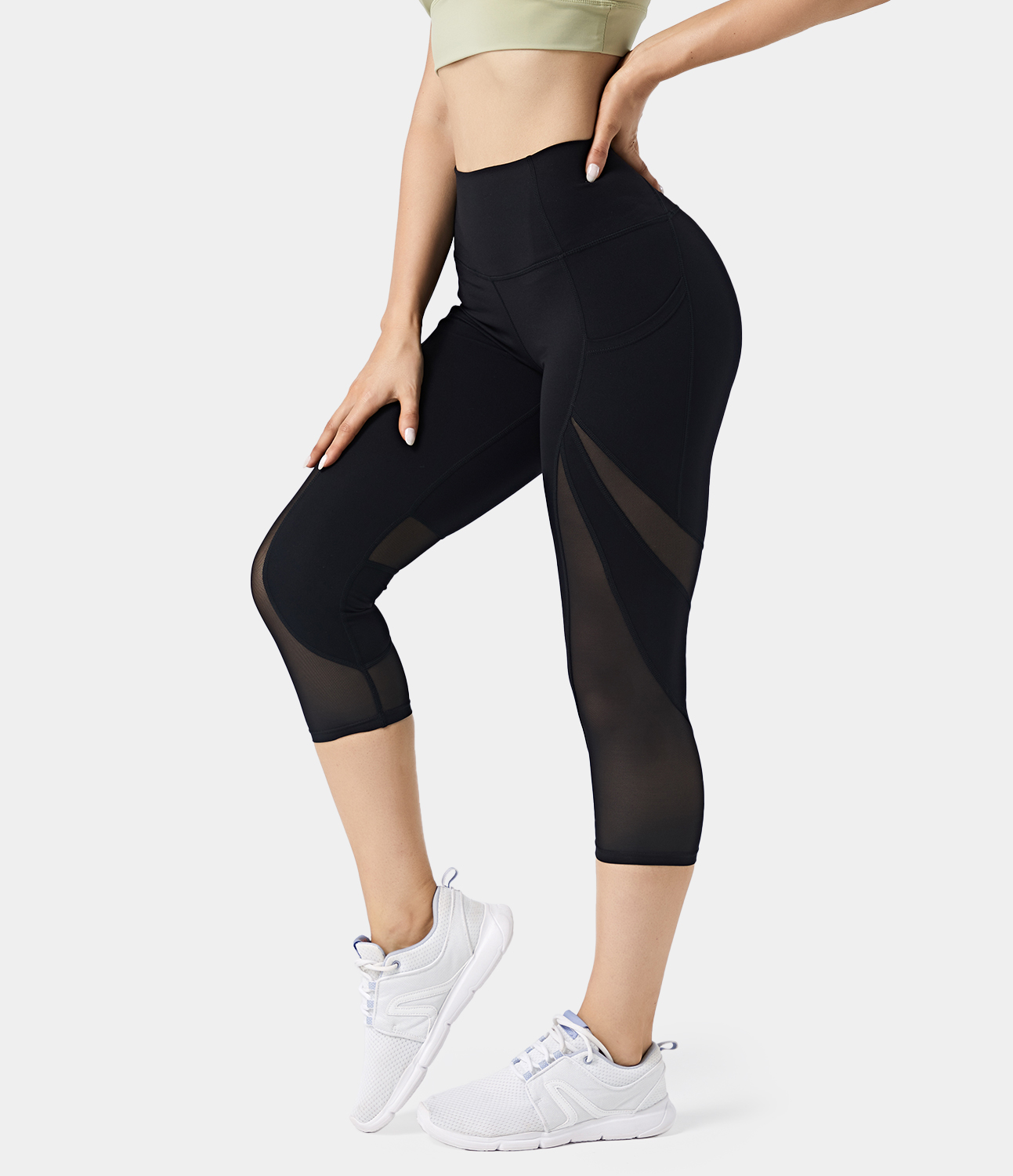 Halara Softlyzeroв„ў High Waisted Contrast Mesh Side Pocket Plain Capri Leggings  - Black - XS gym leggings leggings with pockets 