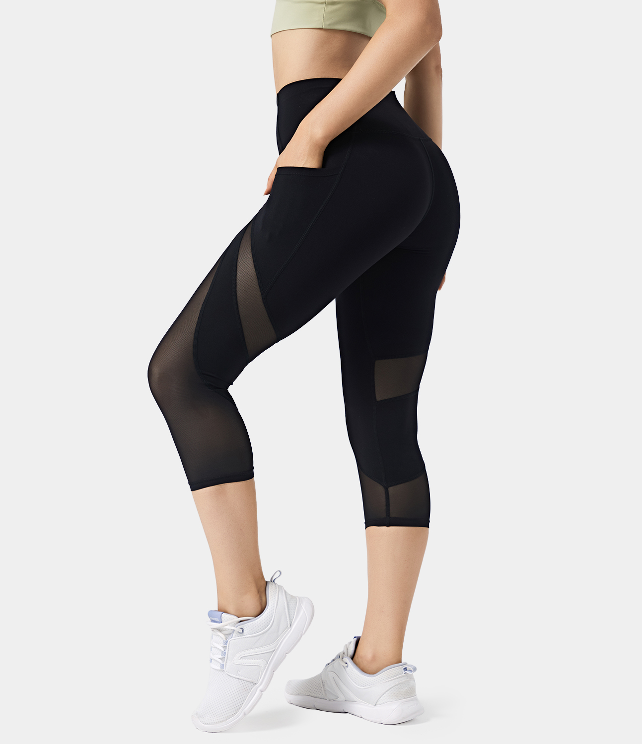 Halara Softlyzeroв„ў High Waisted Contrast Mesh Side Pocket Plain Capri Leggings  - Black - XS gym leggings leggings with pockets 