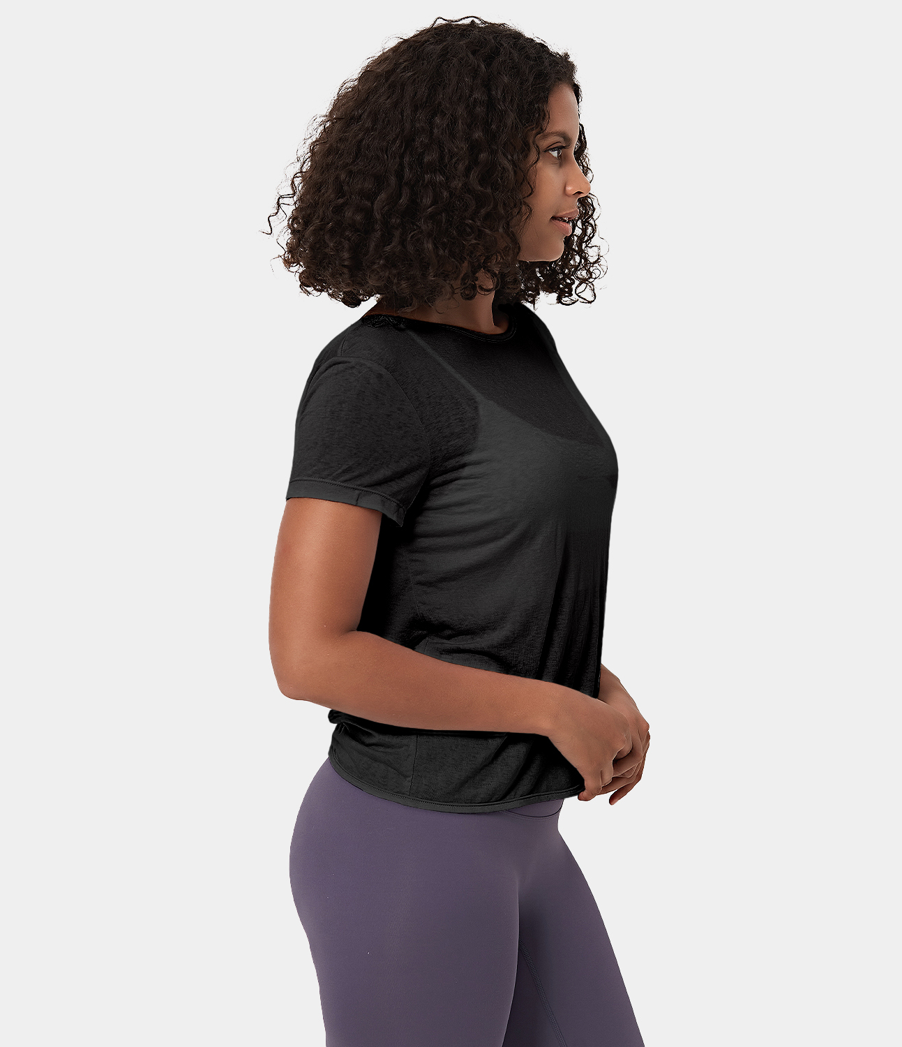 Halara Sheer Short Sleeve V Back Draped Sports Top  - Black - M 