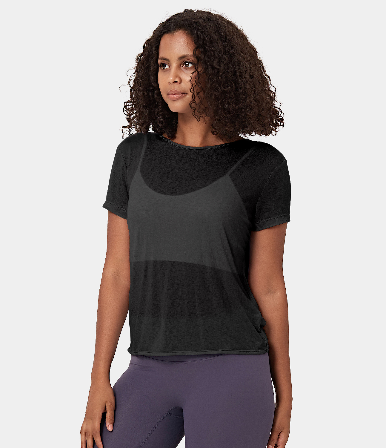 Halara Sheer Short Sleeve V Back Draped Sports Top  - Black - M 
