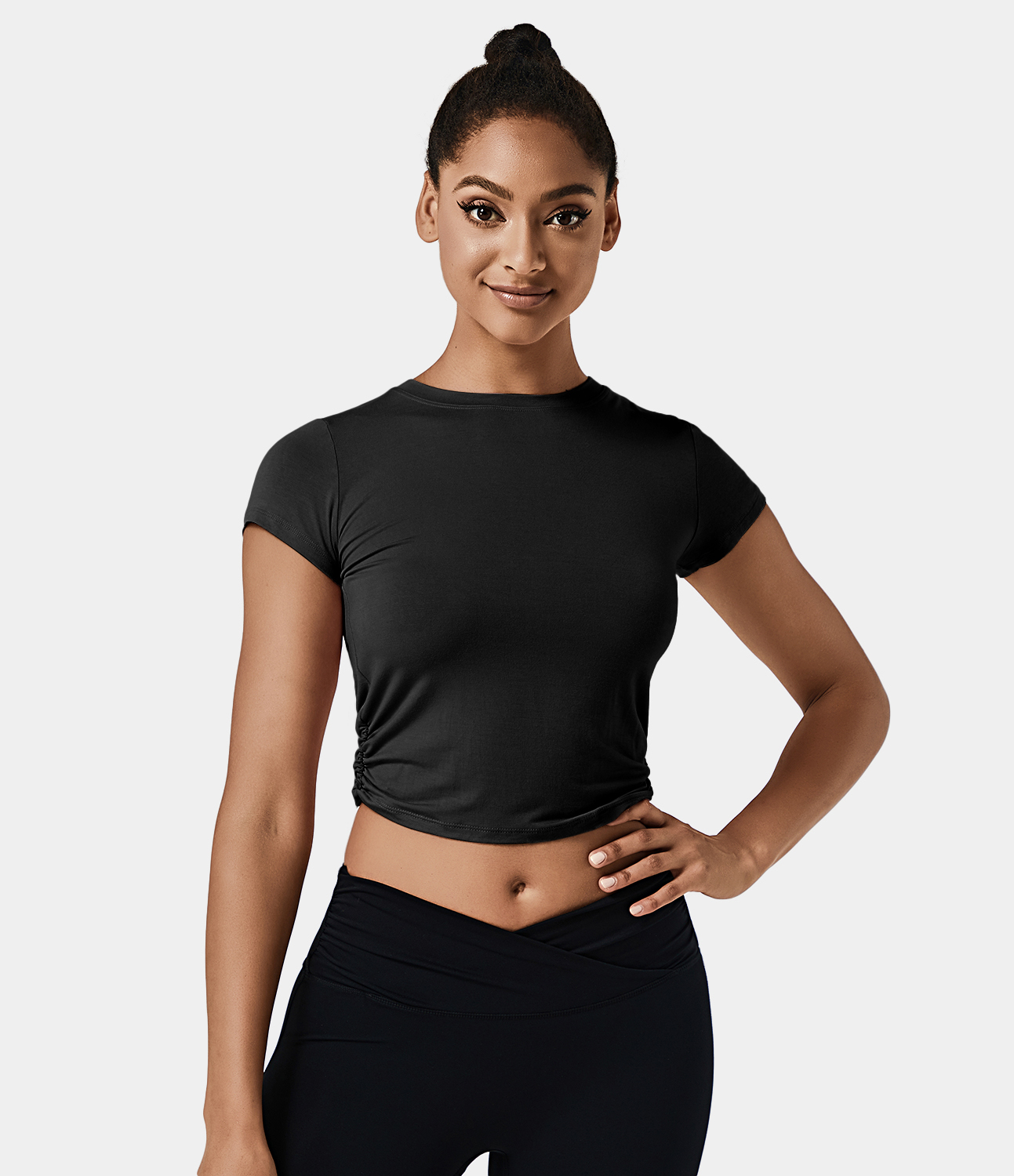 Halara Short Sleeve Cut Out Twisted Sports Top  - Black - S 