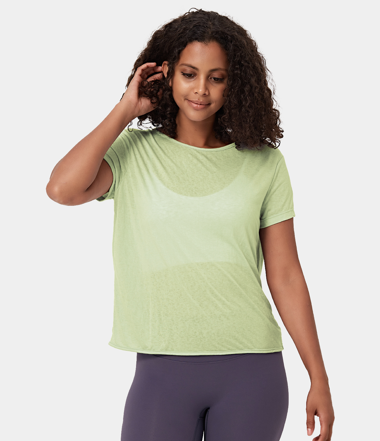 Halara Sheer Short Sleeve V Back Draped Sports Top  - Pale Green - S 