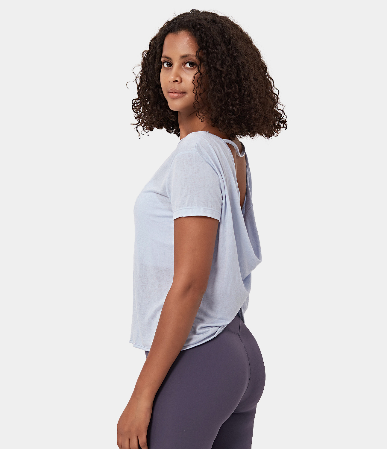 Halara Sheer Short Sleeve V Back Draped Sports Top  - Powder Blue - XL 