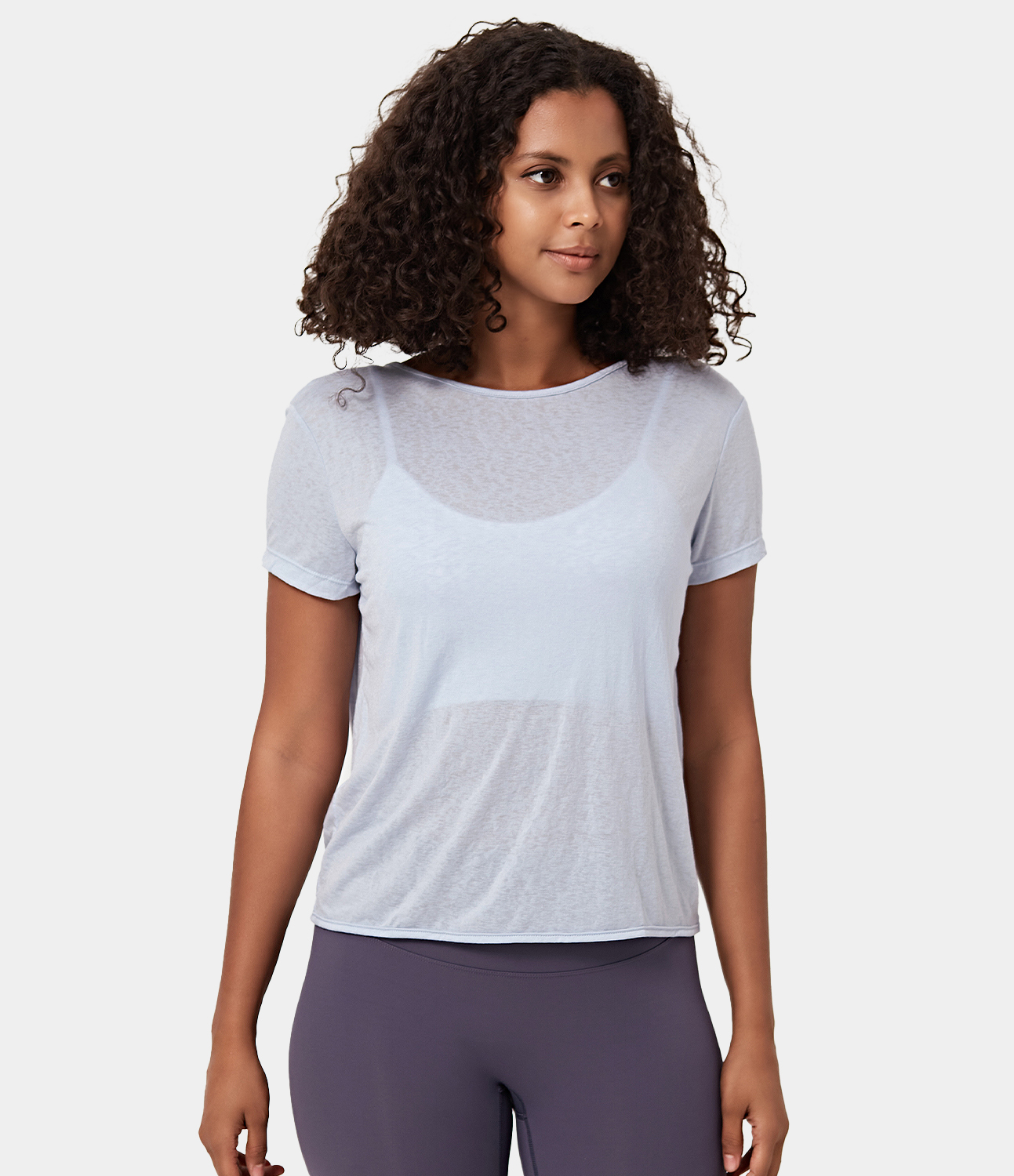 Halara Sheer Short Sleeve V Back Draped Sports Top  - Powder Blue - XL 