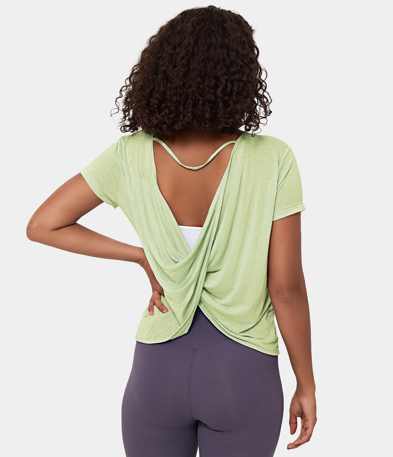 Halara Sheer Short Sleeve V Back Draped Sports Top  - Pale Green - S 