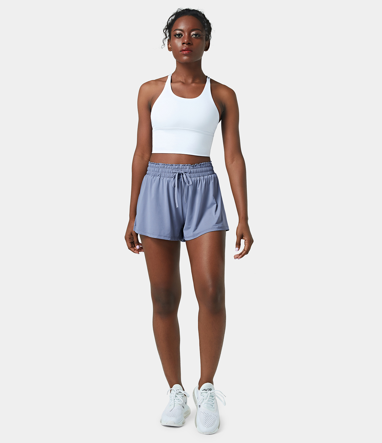 Halara High Waisted Frill Elastic Mesh Drawstring Shorts 2.5`` Gym Short - Carolina Blue - L booty shorts compression shorts yoga shorts 