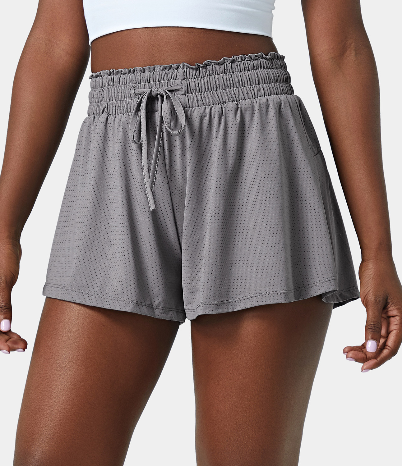 Halara High Waisted Frill Elastic Mesh Drawstring Shorts 2.5`` Gym Short - Steel Gray - S booty shorts compression shorts yoga shorts 