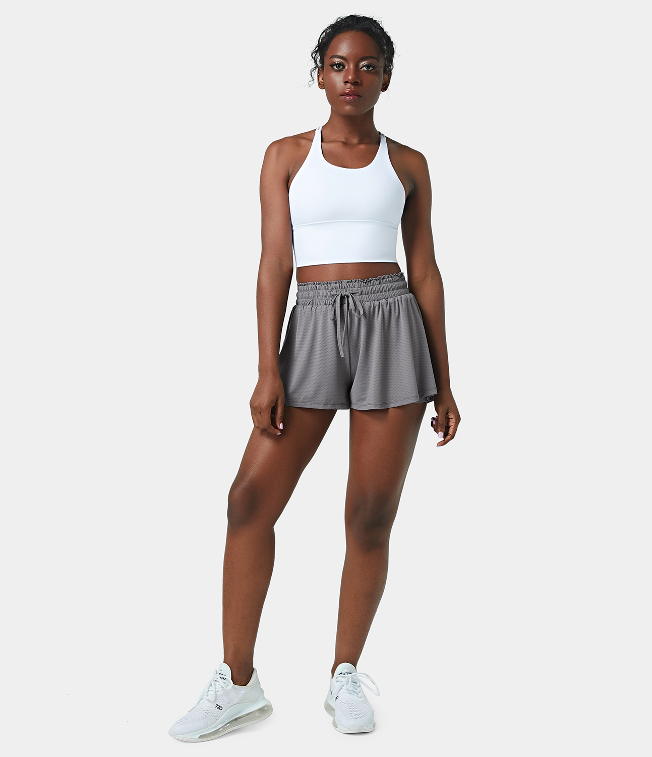 Halara High Waisted Frill Elastic Mesh Drawstring Shorts 2.5`` Gym Short - Steel Gray - S booty shorts compression shorts yoga shorts 